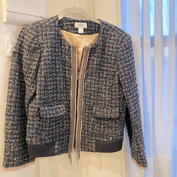 LOFT Tweed Zip Up Blazer Jacket w Chain Size S NWT - Picture 6 of 11